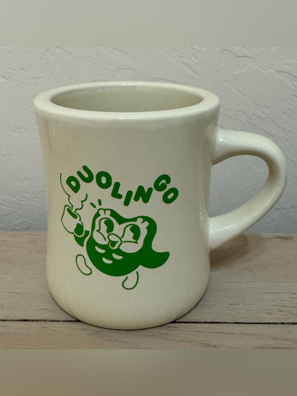 DUOLINGO Diner Mug Green White Duo Owl Ceramic Coffee Cup Promo Merch RARE!